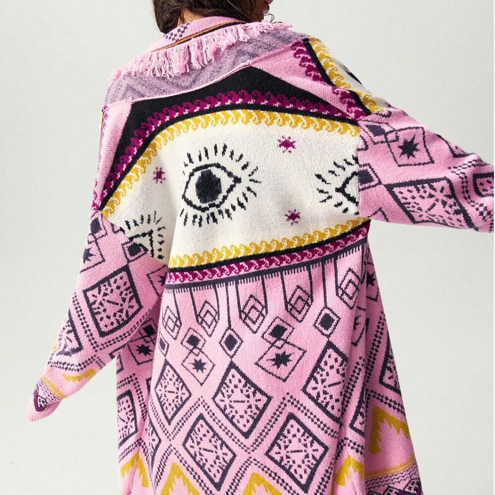Pink Geometric Aztec Print Fringe Cardigan - Picture 8 of 15